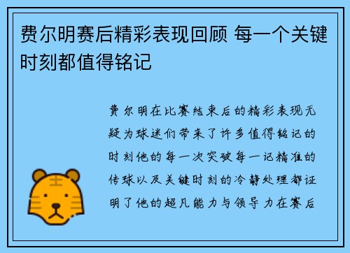费尔明赛后精彩表现回顾 每一个关键时刻都值得铭记