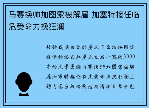 马赛换帅加图索被解雇 加塞特接任临危受命力挽狂澜